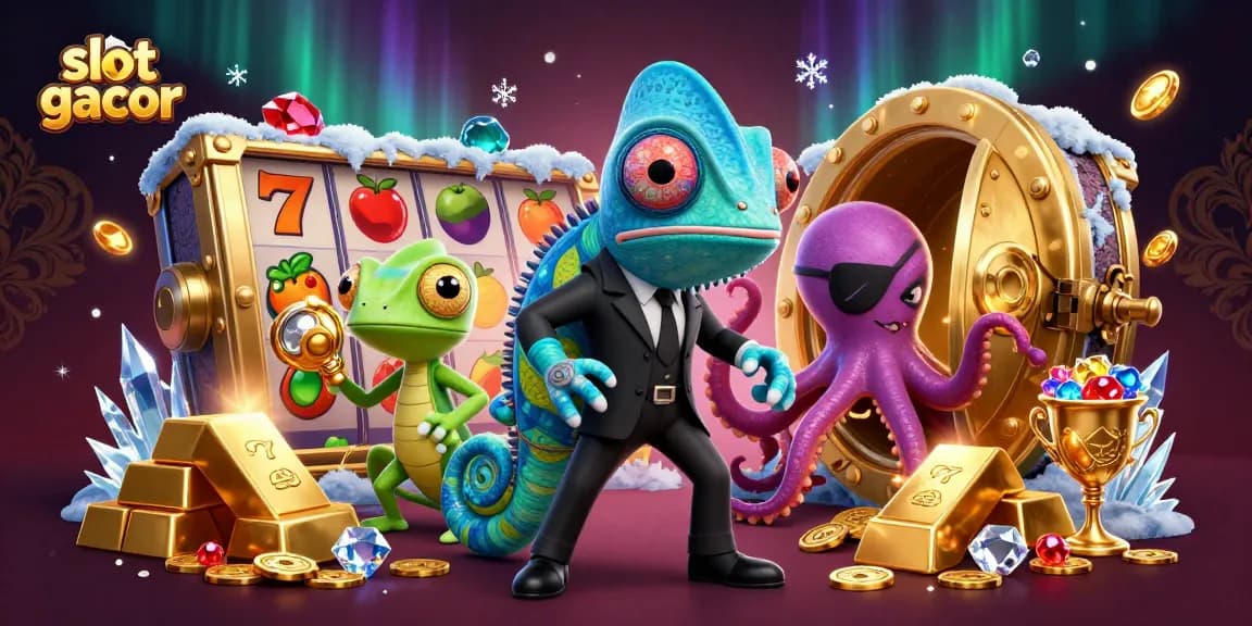 Engaging scene showcasing slot gacor symbols with a chameleon and gecko amidst golden treasures