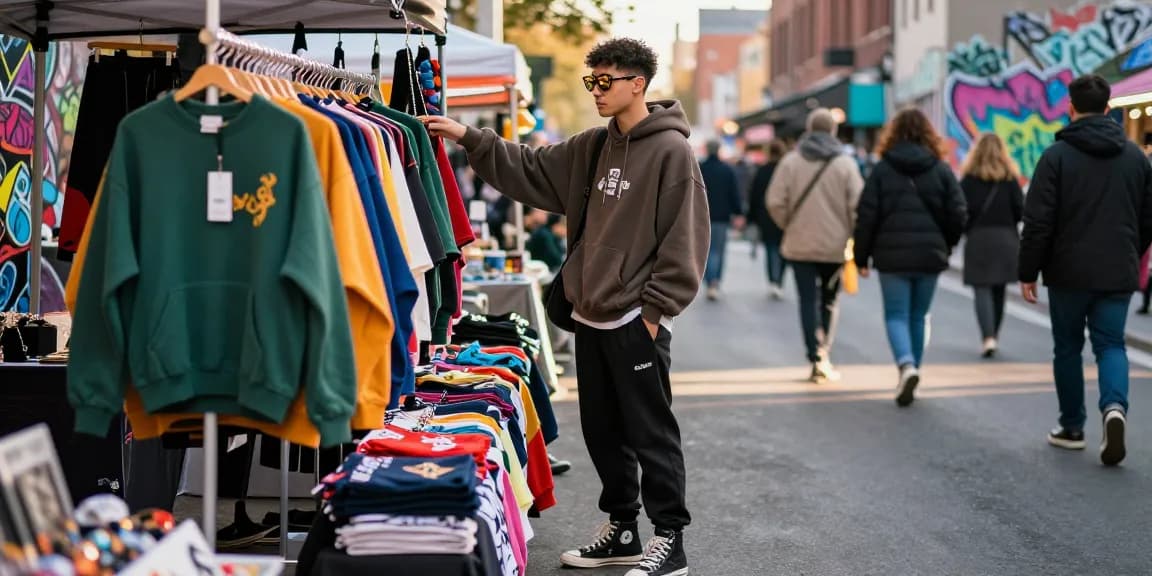 Youth exploring trendy fashion items at market stall featuring Kakobuy spreadsheet selections in an urban setting.