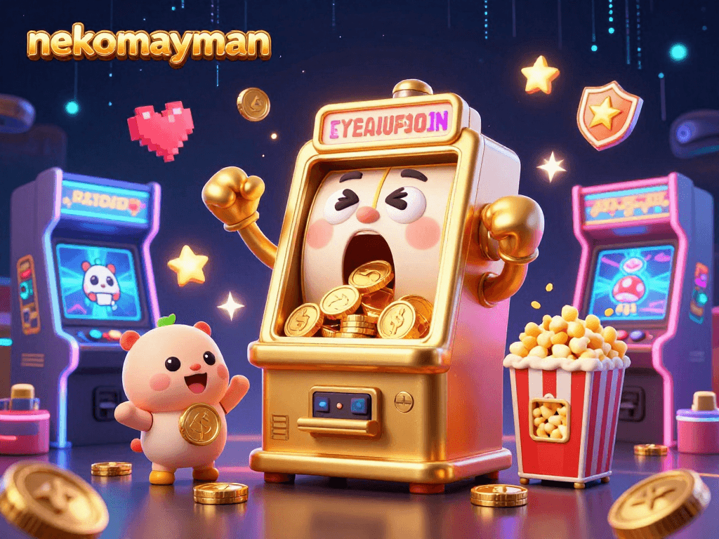 Neko May Man slot machine celebrates a jackpot with coins pouring out, showcasing vibrant arcade gaming elements.
