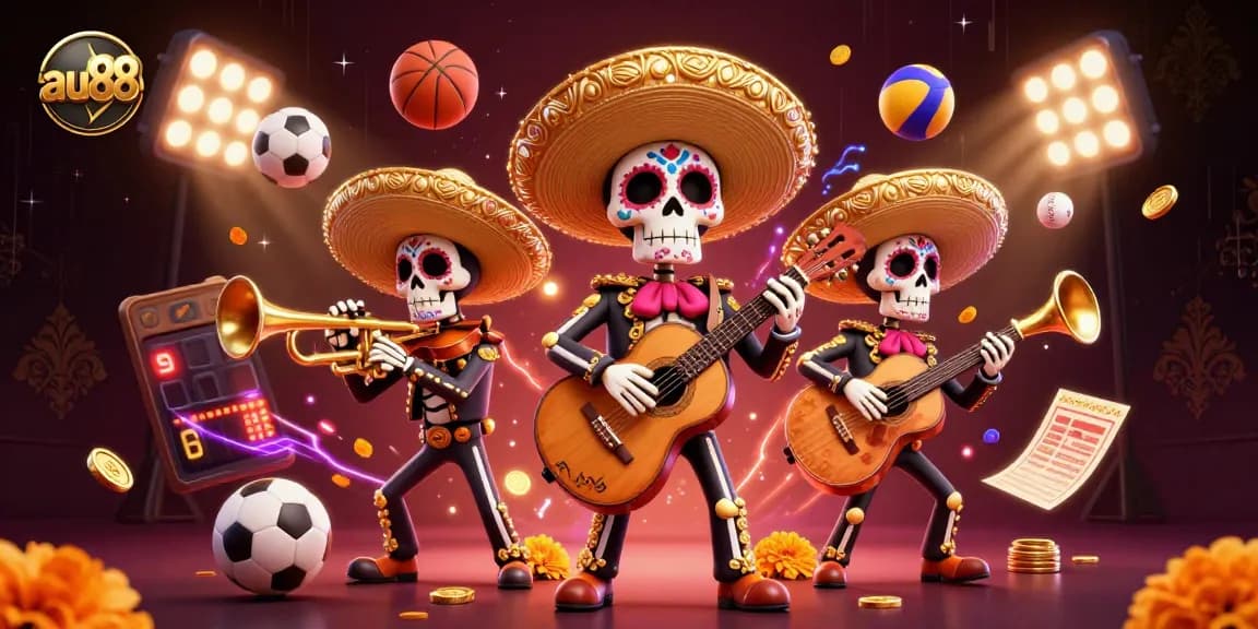 Enhance your gaming experience at au88 with vibrant 3D mariachi-themed casino illustration.