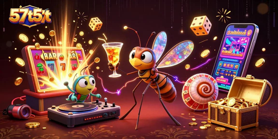 Experience thrilling gameplay at 57t57t with a vibrant casino scene of a mascot and dynamic gaming elements.