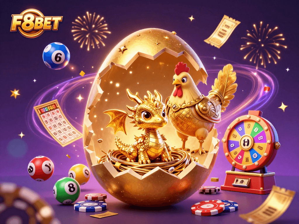Engage in thrilling wins at F8BET with a golden dragon surrounded by colorful casino elements.