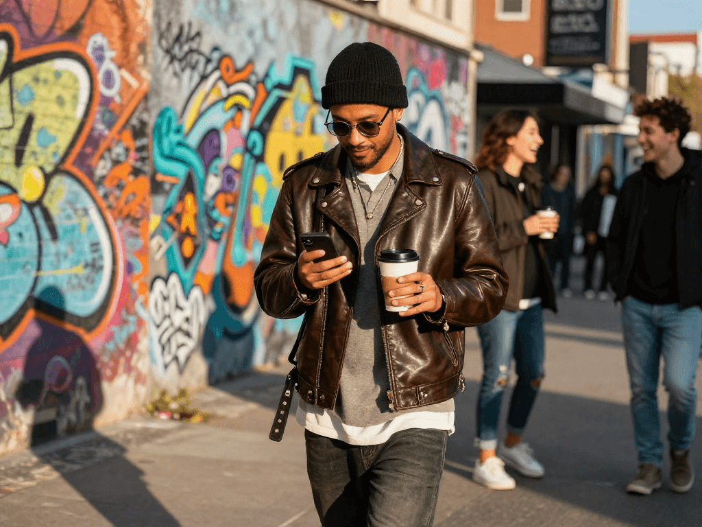 Fashionable individual wearing leather jacket in an urban setting, enjoying a coffee and checking their phone.