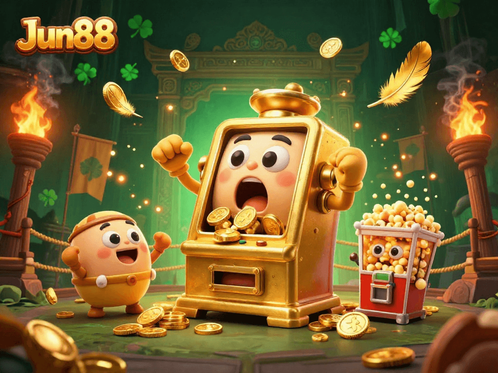 Celebrate wins at Jun88 with an exciting 3D scene of slot machines and vibrant casino themes.