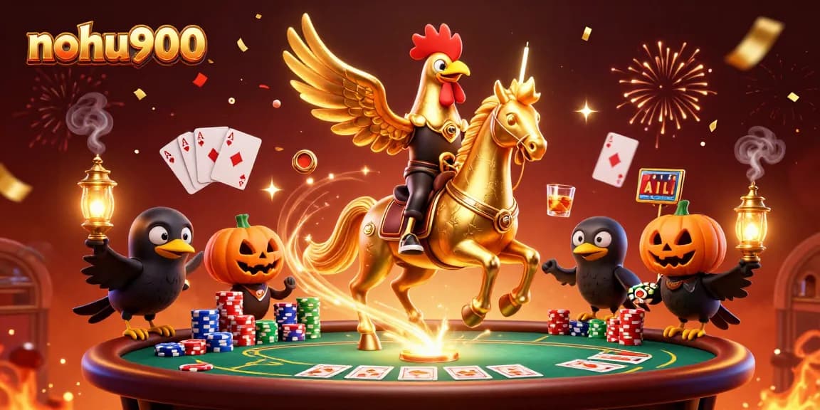 Engage with nohu900 at a vibrant casino scene featuring a rooster and spooky companions.
