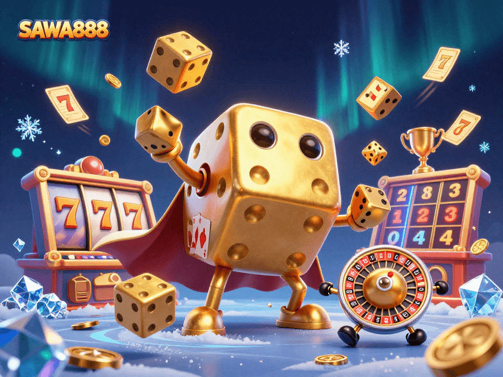 SAWA888 players enjoy thrilling slots and jackpots with massive golden dice and dynamic casino elements