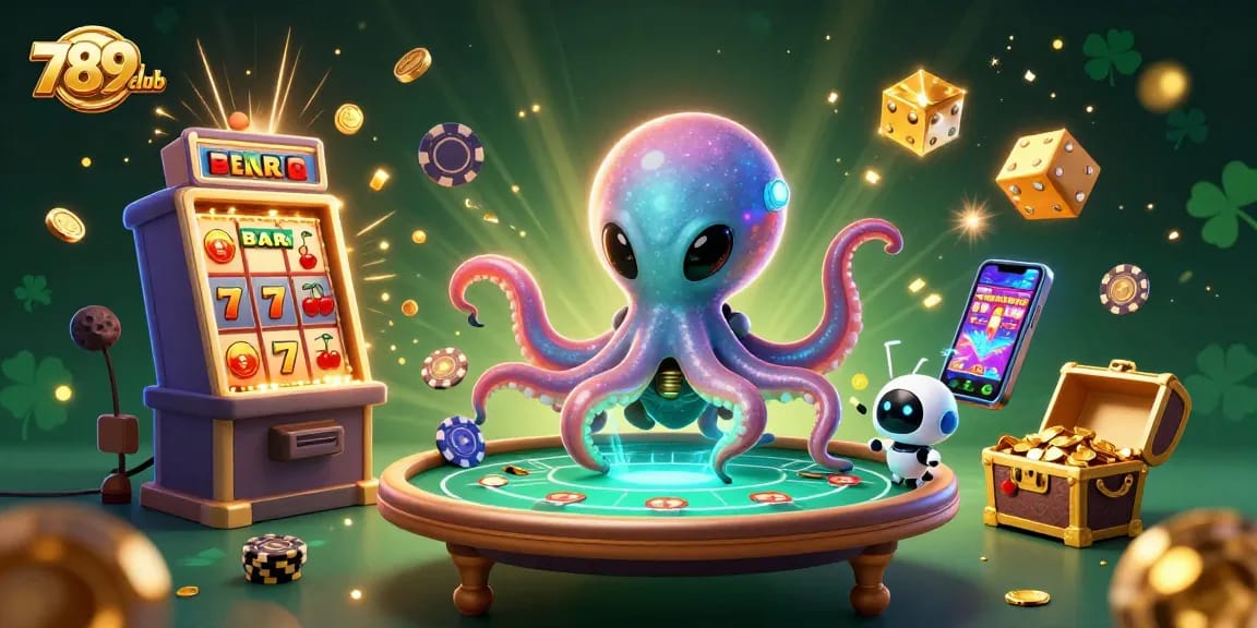 Engage with thrilling gaming action at 789club featuring an alien octopus and poker table surrounded by vibrant casino elements.