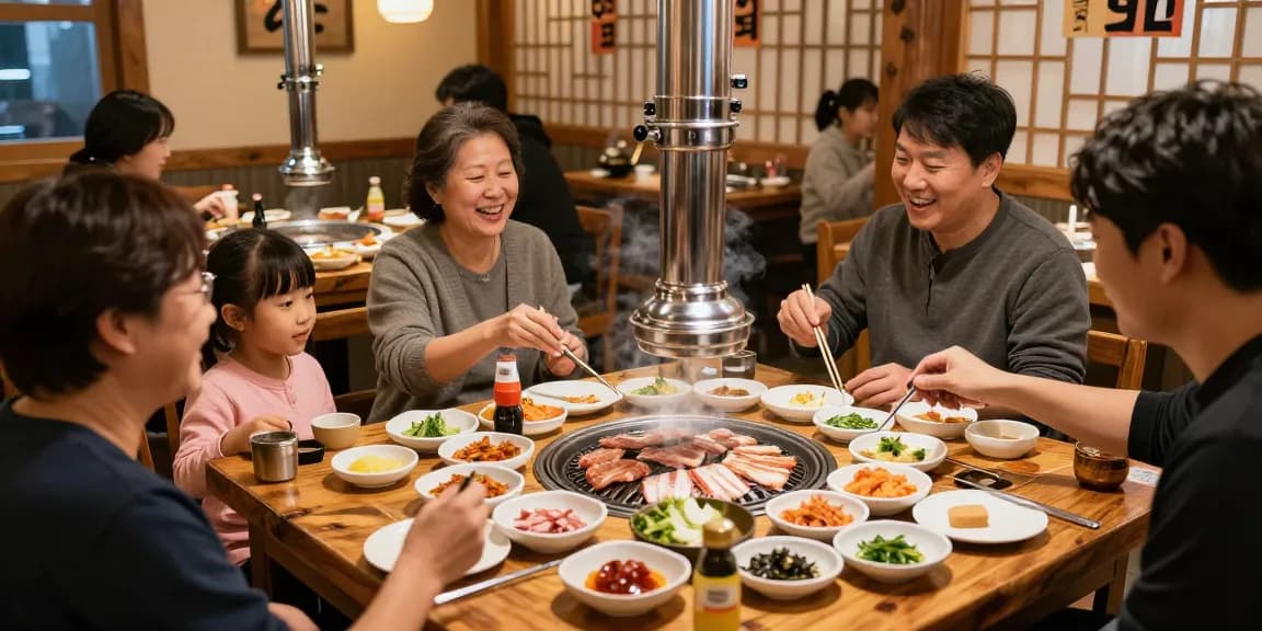 맛있는 고기와 반찬을 즐기는 가족의 한식당 장면 - https://www.danbamop.com/bupyeong-op