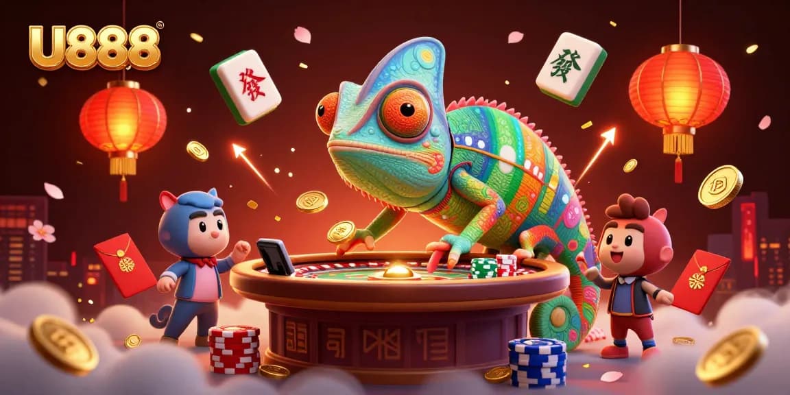 Experience thrilling gaming at U888 with a vibrant chameleon casino owner and exciting elements.
