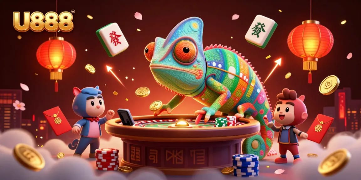 Experience thrilling gaming at U888 with a vibrant chameleon casino owner and exciting elements.