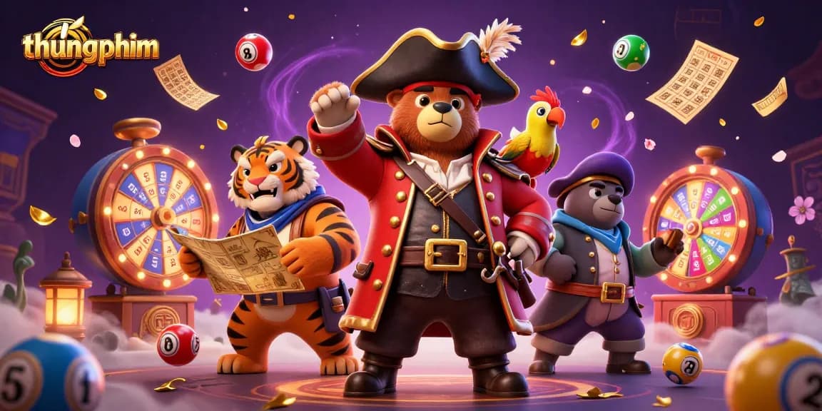 Join the thungphim adventure with a pirate captain bear, tiger, and colorful lottery elements in a vibrant casino setting.