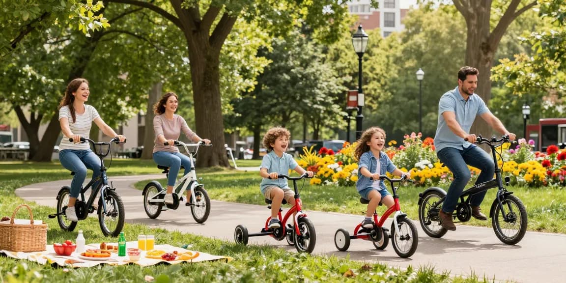 Families enjoying tricycles in a sunny park, showcasing fun activities.