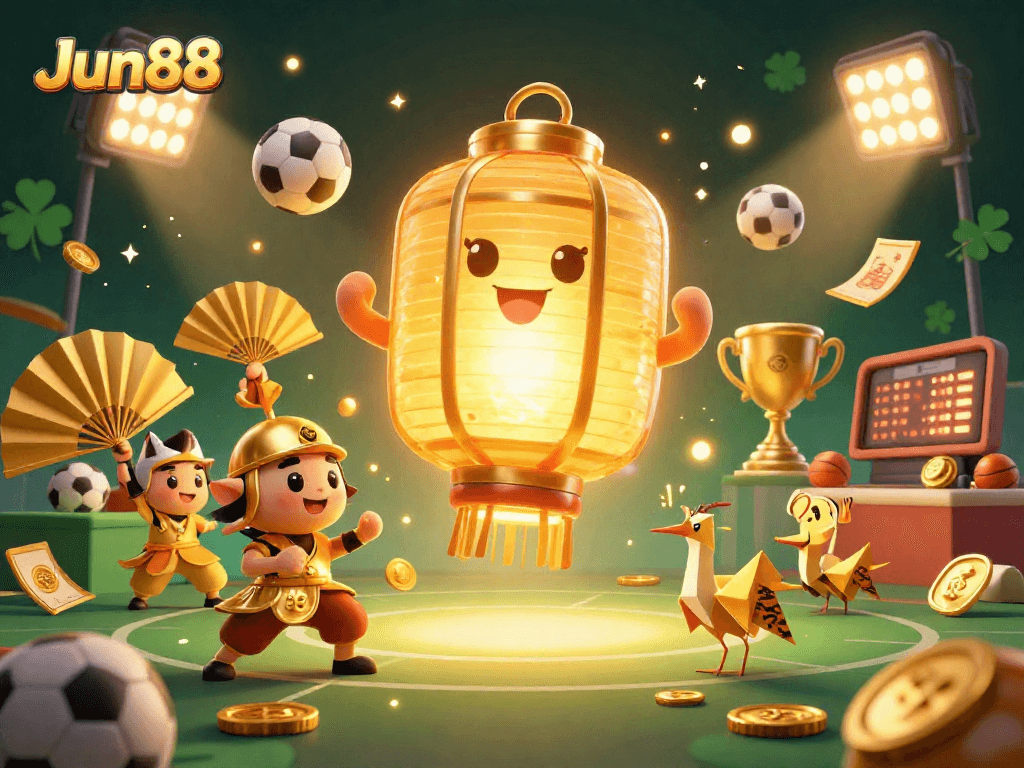 Experience exciting betting at Jun88 with a vibrant 3D illustration featuring dynamic sports elements and lucky symbols.