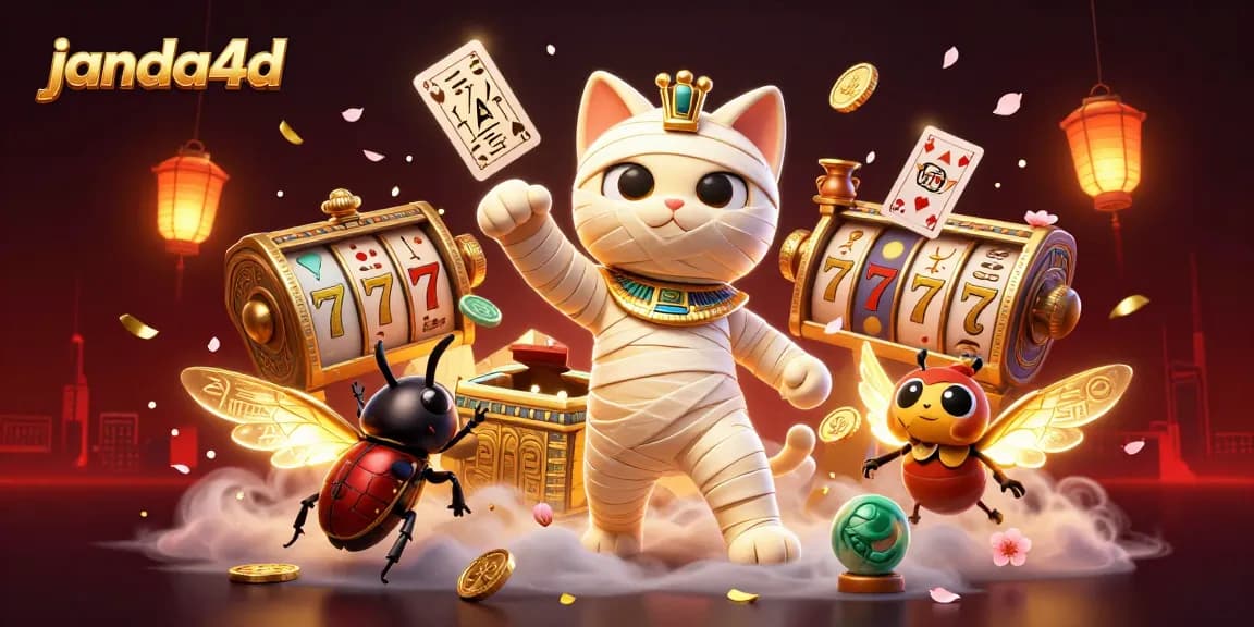 Janda4d menghadirkan suasana kasino dengan mummy kucing dan simbol kemenangan memikat.