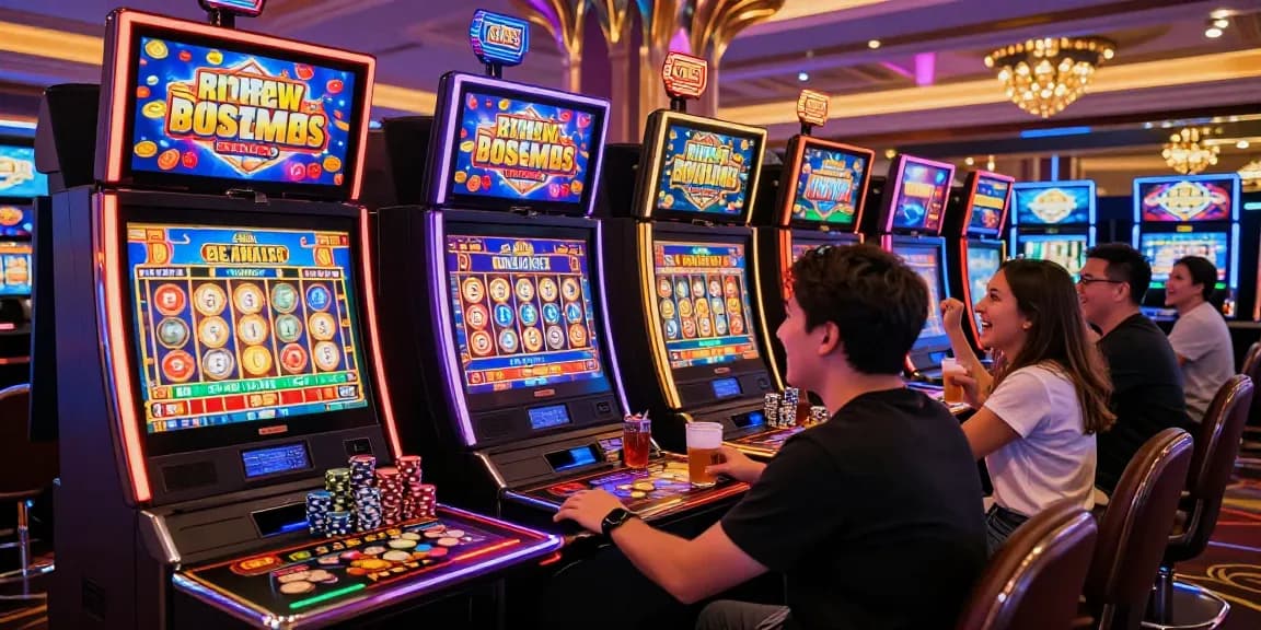 Experience the thrill of bandar slot in a lively casino environment with animated slot machines and excited players.