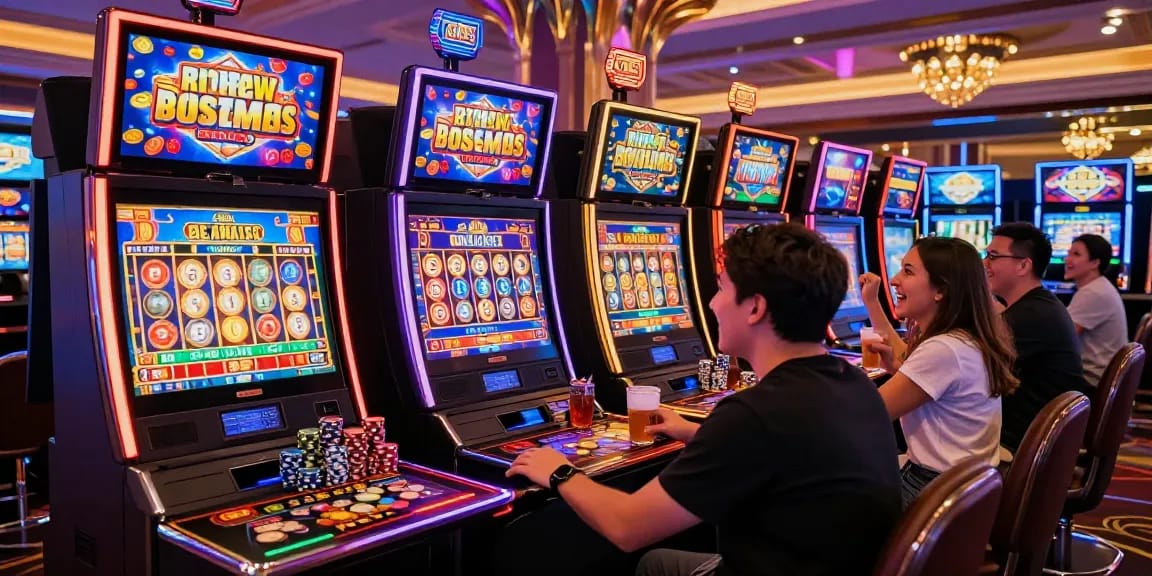 Experience the thrill of bandar slot in a lively casino environment with animated slot machines and excited players.