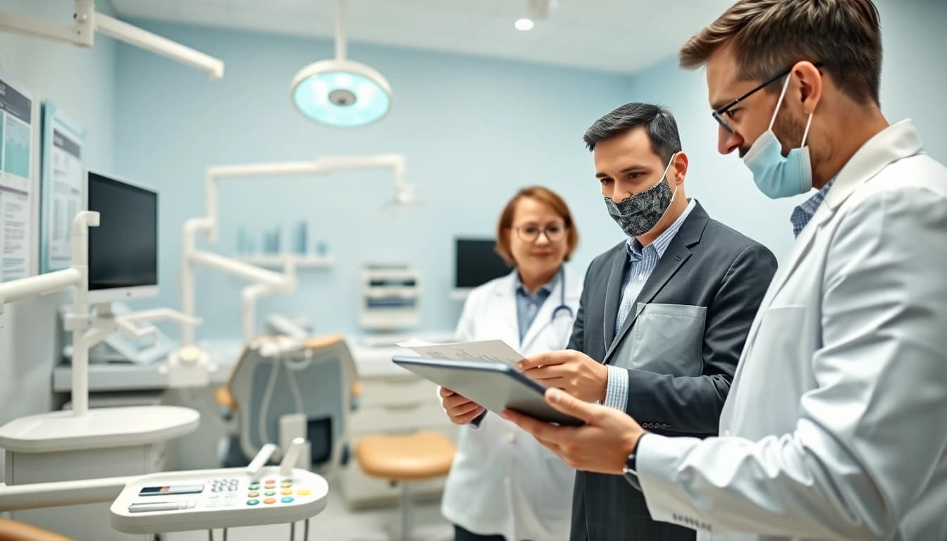 Engaging dental business consultant analyzing practice data in a professional setting.