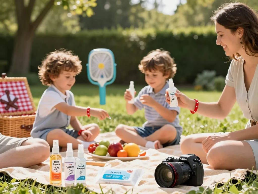 Family enjoying a summer picnic outdoors with various mosquito repellents like sprays and bracelets for effective protection.