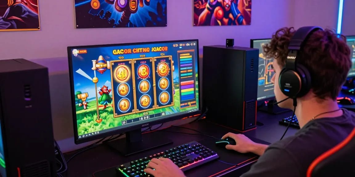 Pengalaman bermain slot gacor secara online dengan gamer yang fokus di ruangan gaming yang nyaman.