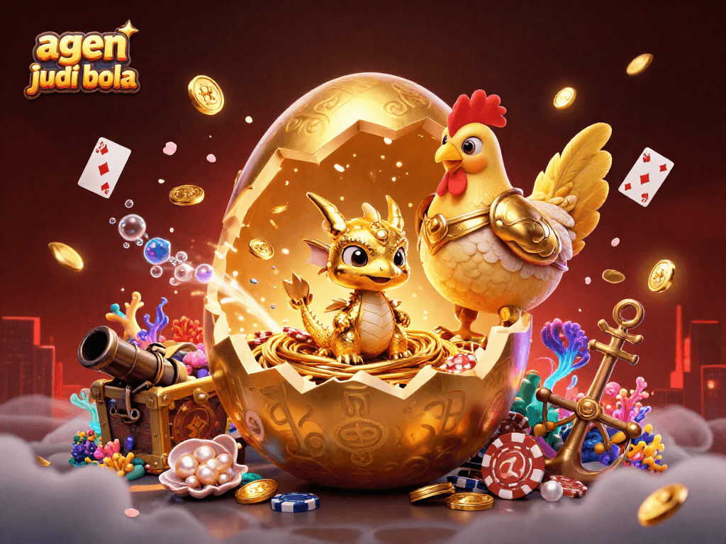 Engage in thrilling betting action with agen judi bola as golden dragon protects stacks of poker chips.