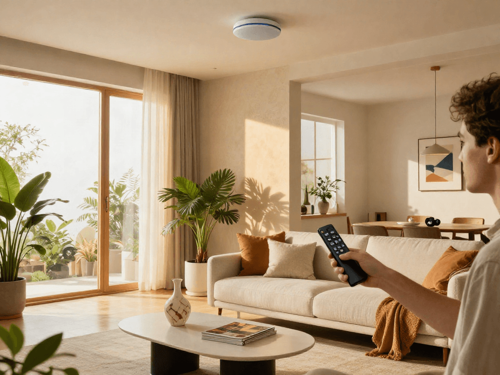 خرید اسپیکر سقفی: Homeowner testing stylish ceiling speaker in modern living room setting.