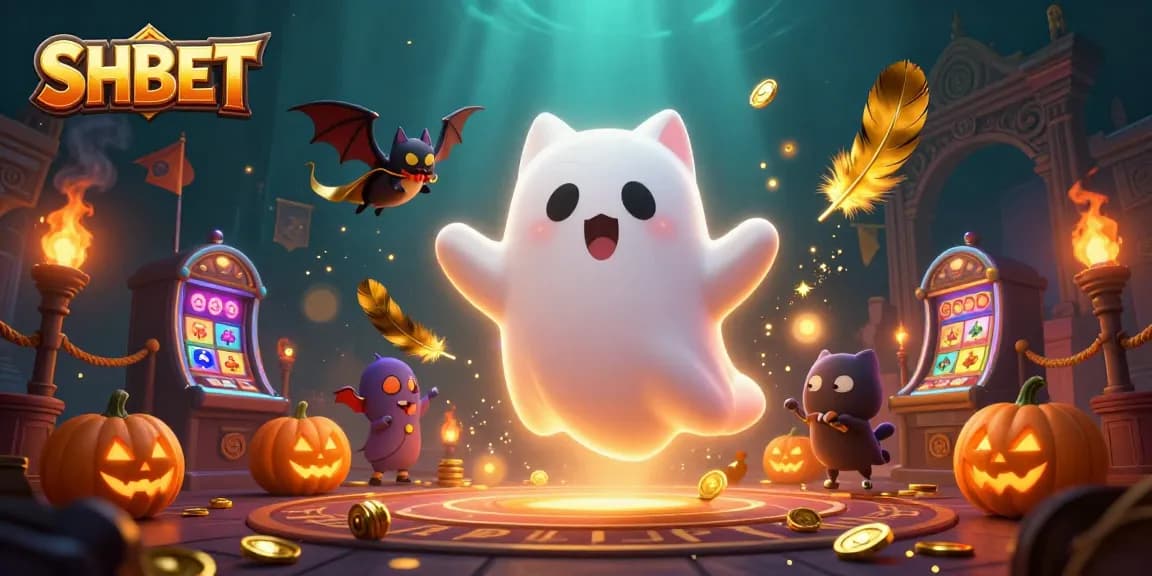 Engage with SHBET in this casino-themed scene featuring a ghost cat, vampire bat, and glowing poker jack-o-lanterns.