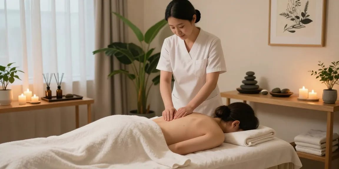 Essential 서울출장마사지 session in a tranquil spa, showcasing a serene atmosphere and professional therapist.