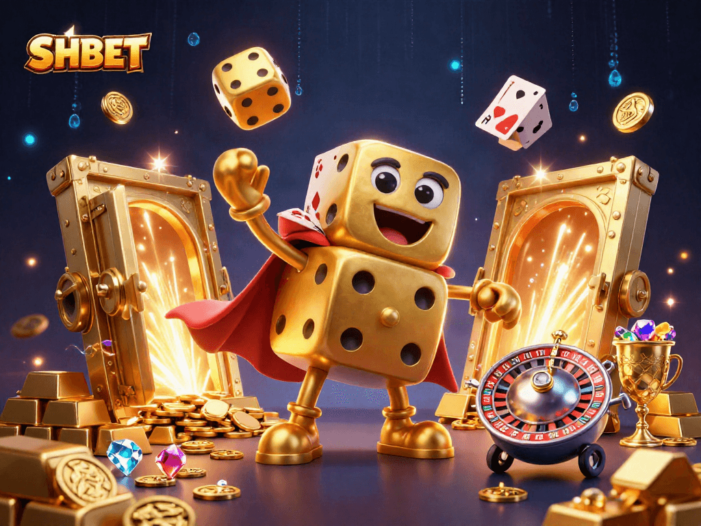 Engage with SHBET in a vibrant 3D casino scene full of golden riches and dynamic gaming elements.
