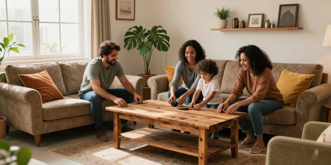 شراء اثاث مستعمل بالرياض - Family arranging second-hand furniture in a cozy Riyadh living room.