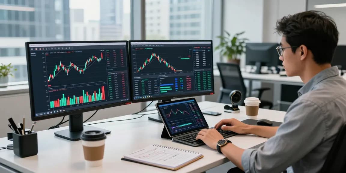 AiCoin用户在现代办公室分析加密货币市场数据,专业的实时K线图展示。