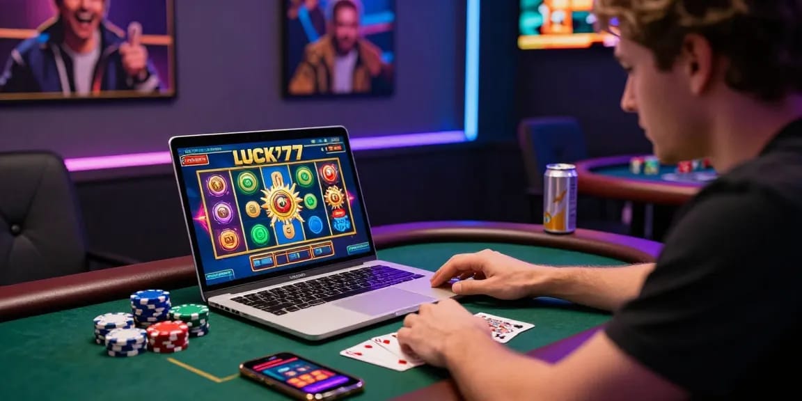 Players enjoying the lucky77 online gambling experience with vibrant graphics and poker chips in a modern gaming room.