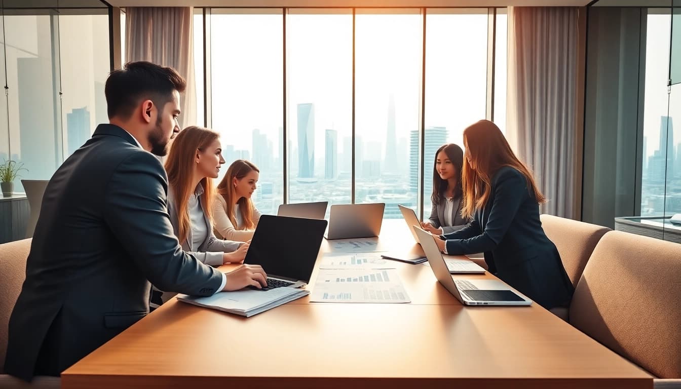 Business Consultants in Dubai collaborating in a bright, modern office environment with a view of the skyline.