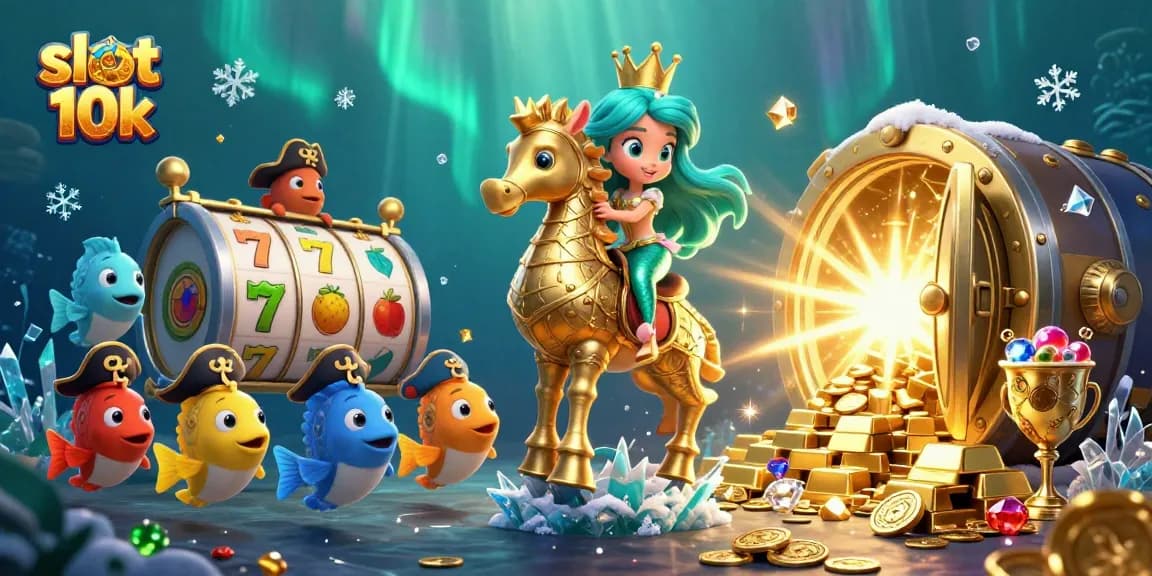 Spin the reels with slot 10k in this vibrant underwater casino-themed illustration.
