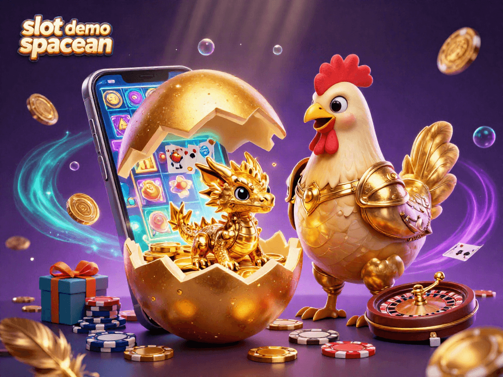 Spin vibrant slot demo spaceman reels surrounded by a golden dragon and poker chips in a dazzling 3D scene.