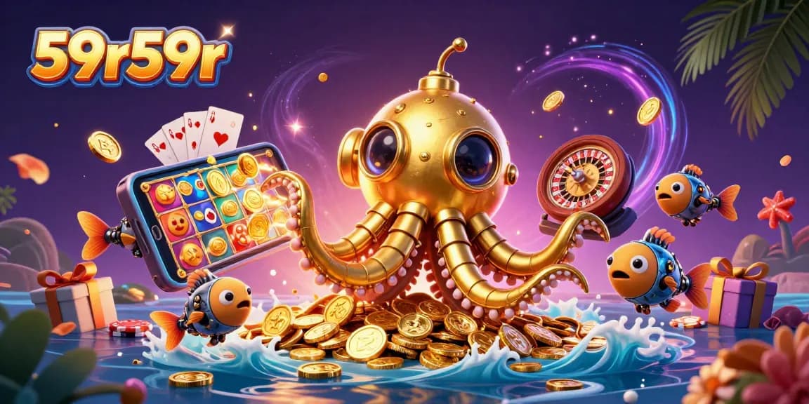Experience thrilling wins with 59r59r's vibrant 3D casino illustration featuring a golden kraken.
