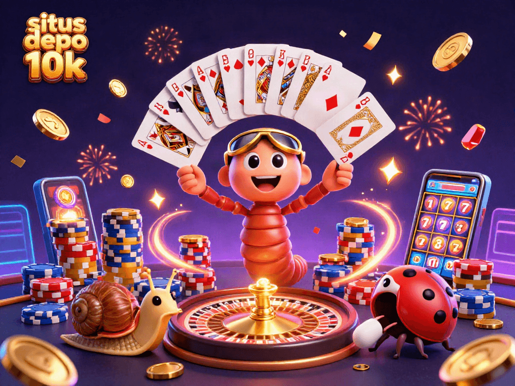 Experience action at situs depo 10k with a colorful casino scene packed with excitement and winnings.