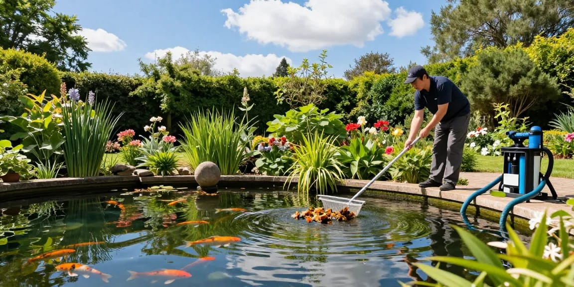 Pond Cleaning Surrey service expert removing debris from a beautifully maintained pond surrounded by vibrant greenery.