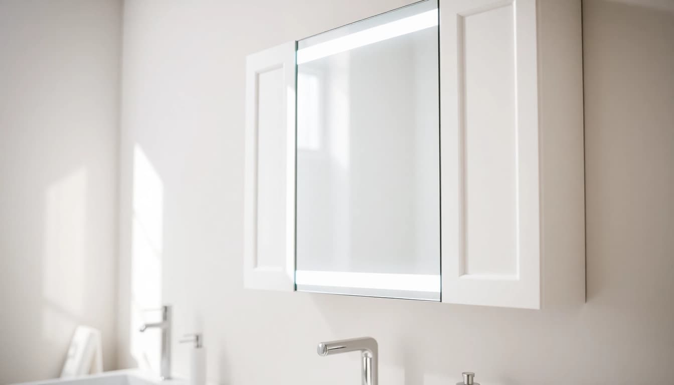 Spiegelschrank led mit elegantem Design und natürlichem Licht im modernen Badezimmer.