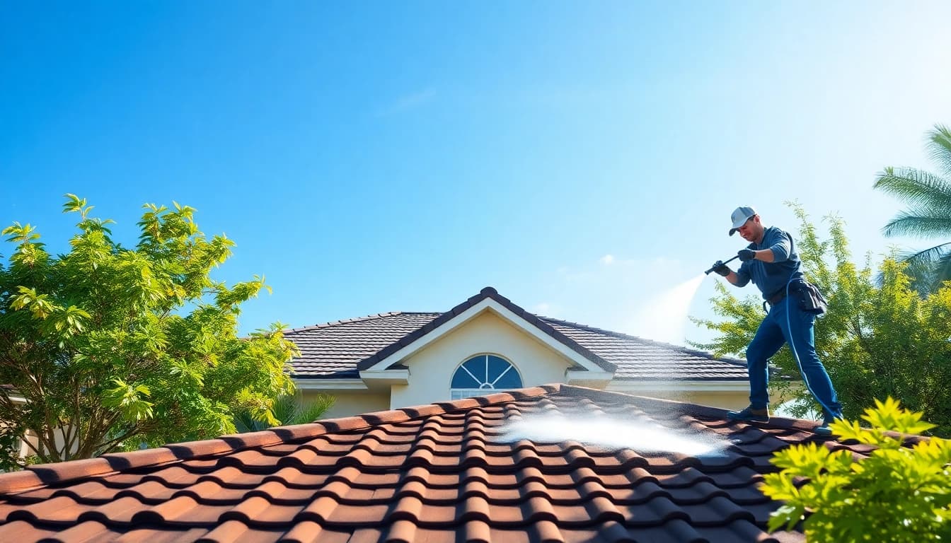 Roof cleaning in Kissimmee, showcasing a technician using eco-friendly methods for pristine results.