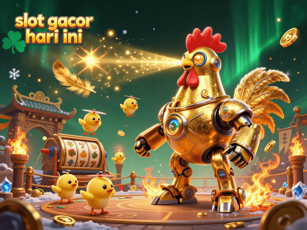 Experience the excitement of slot gacor hari ini, featuring a golden rooster robot and vibrant gaming elements in an action-packed casino setting.