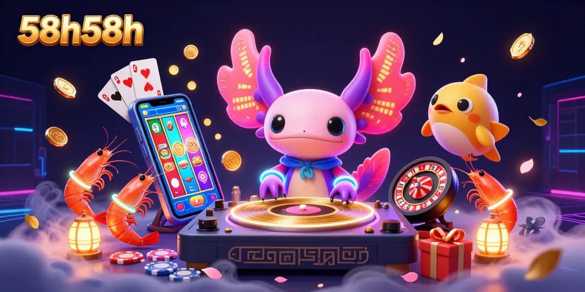 Engage with the vibrant 58h58h casino scene featuring a neon axolotl DJ and dynamic game elements.