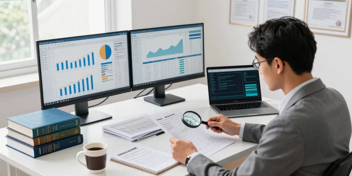 Workspace profesional aafikotasurabaya.org dengan auditor memeriksa dokumen keuangan dan analitik.