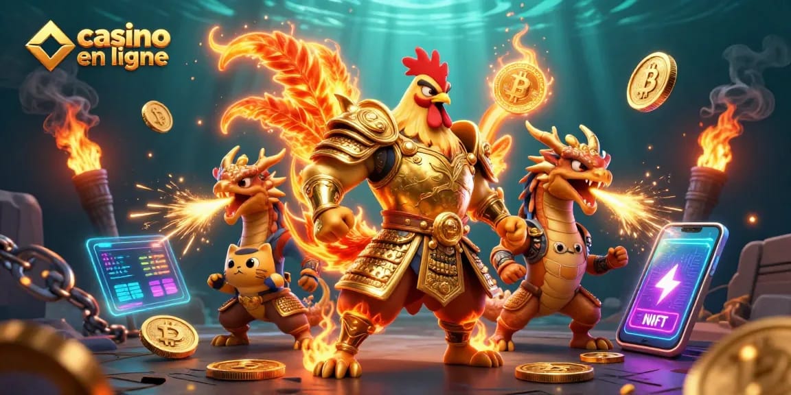 Jouez au casino en ligne avec une illustration dynamique d'un guerrier et un dragon, des éléments de crypto-monnaie en arrière-plan.