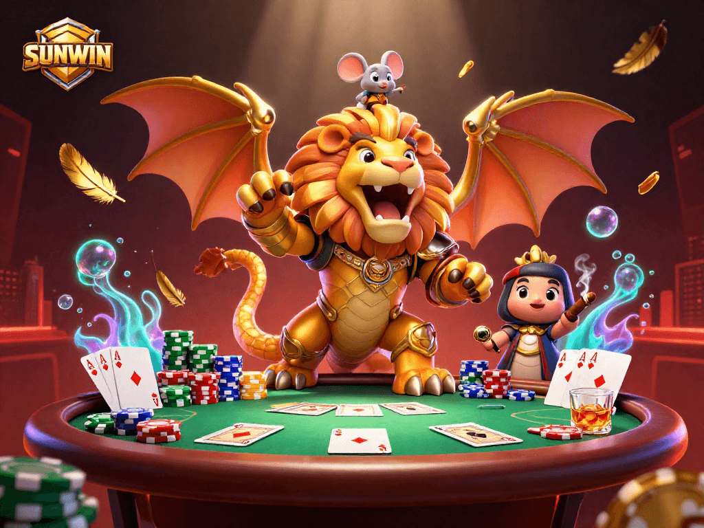 Hình ảnh SUNWIN hiển thị một sinh vật 3D bất thường trong casino với các yếu tố đánh bài đặc sắc.