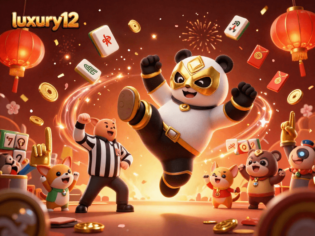 Experience luxury12 with a dynamic scene featuring a panda, chihuahua referee, and lively animal spectators at a bustling casino.