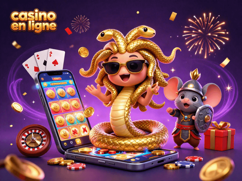 Jouez à des jeux de casino en ligne captivants avec Medusa et un guerrier souris dans un décor coloré.