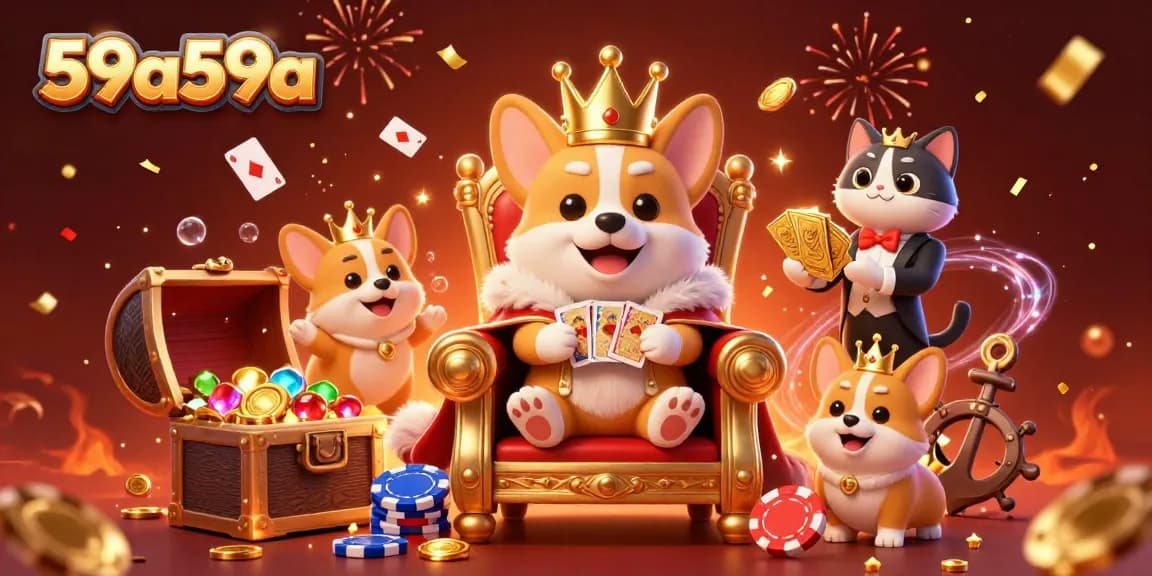 Experience the excitement of 59a59a with a majestic corgi king among vibrant casino elements.