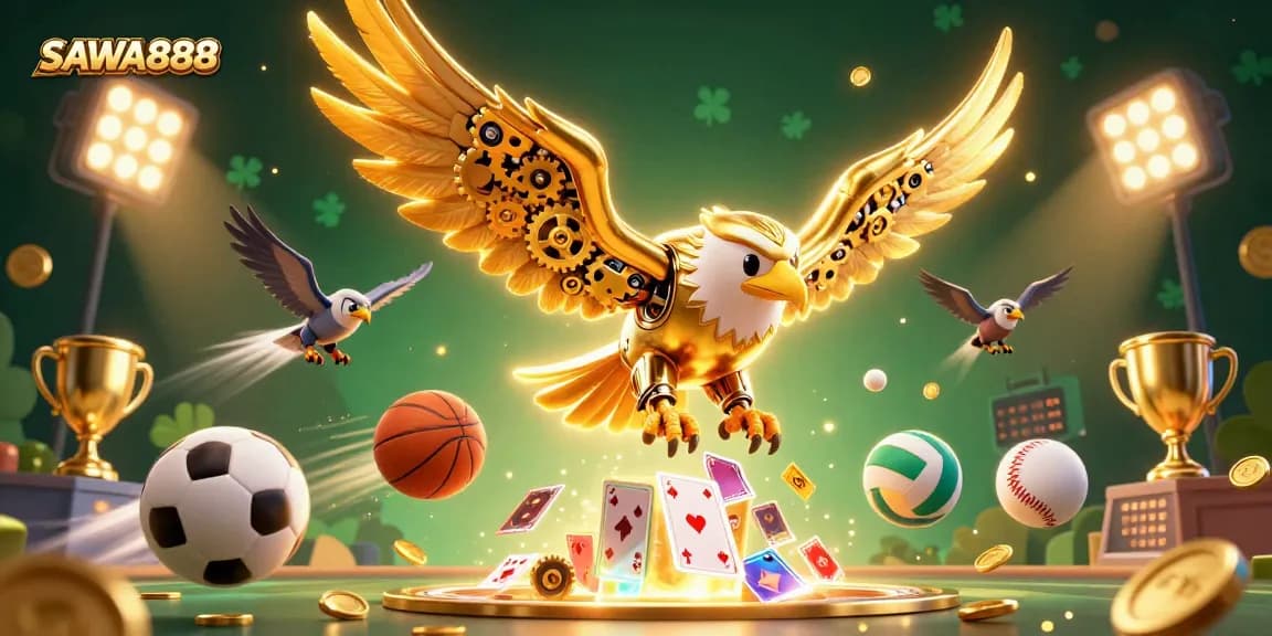 Engage in thrilling casino action with SAWA888's vibrant gaming scene showcasing holographic cards and sports elements.