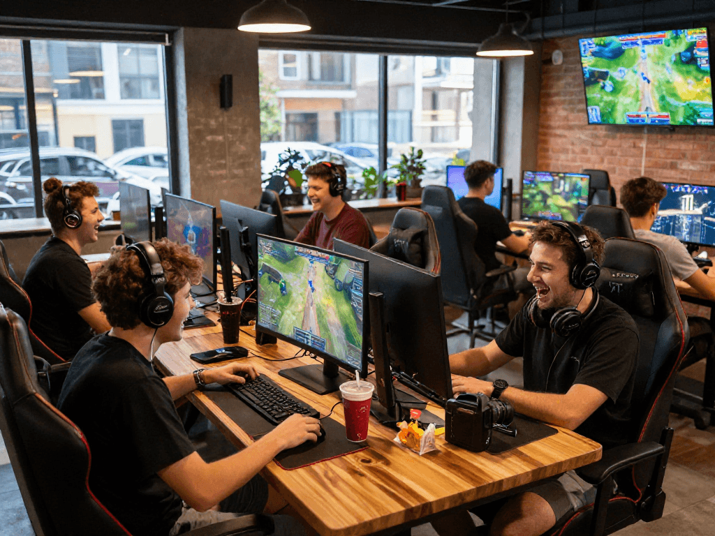 Exciting multiplayer gaming experience at ROKOK88 cafe with players focused on their screens and vibrant game graphics.