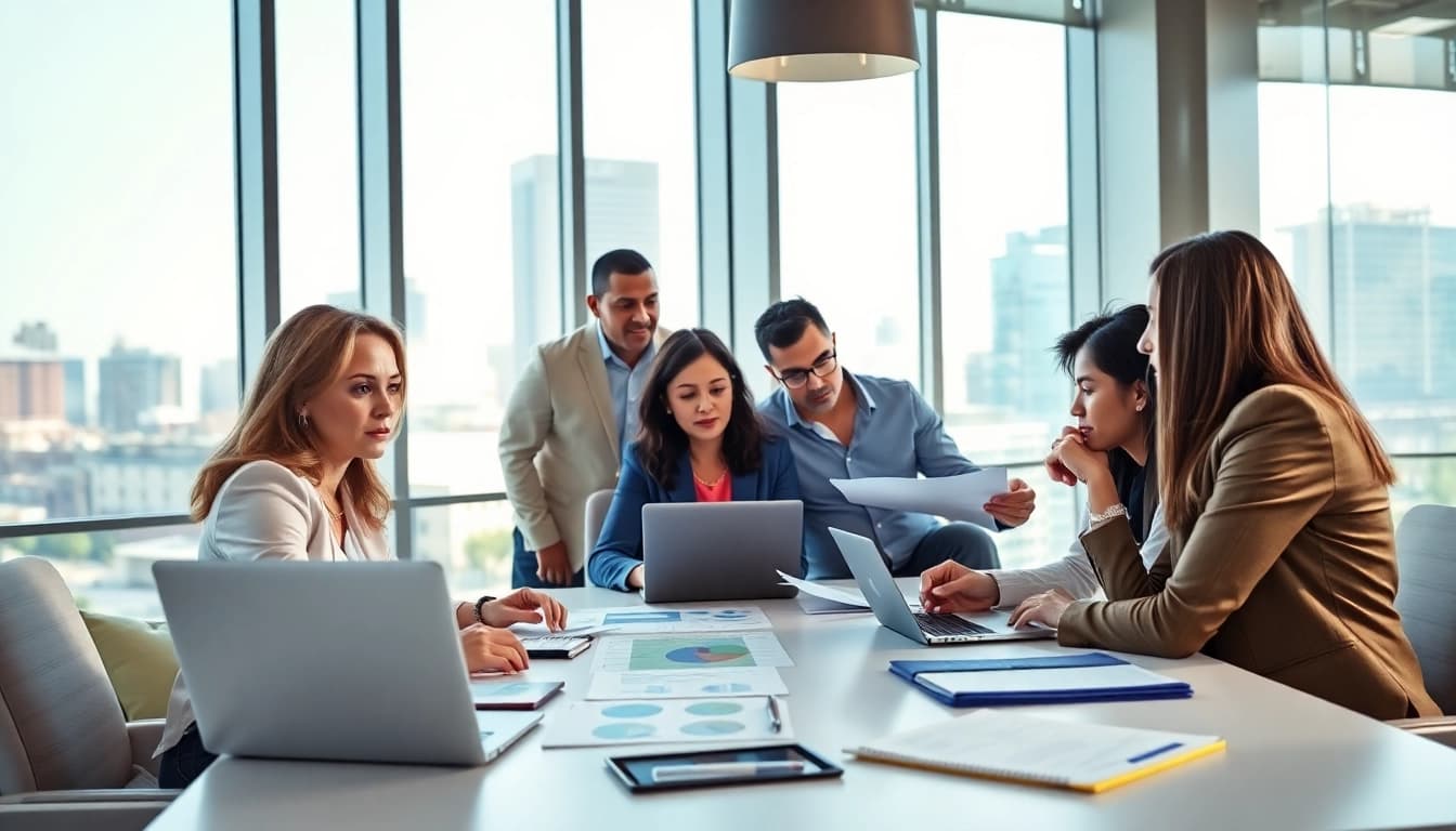 Engaged professionals conduct a Bid-No-Bid Analysis in a modern office environment.